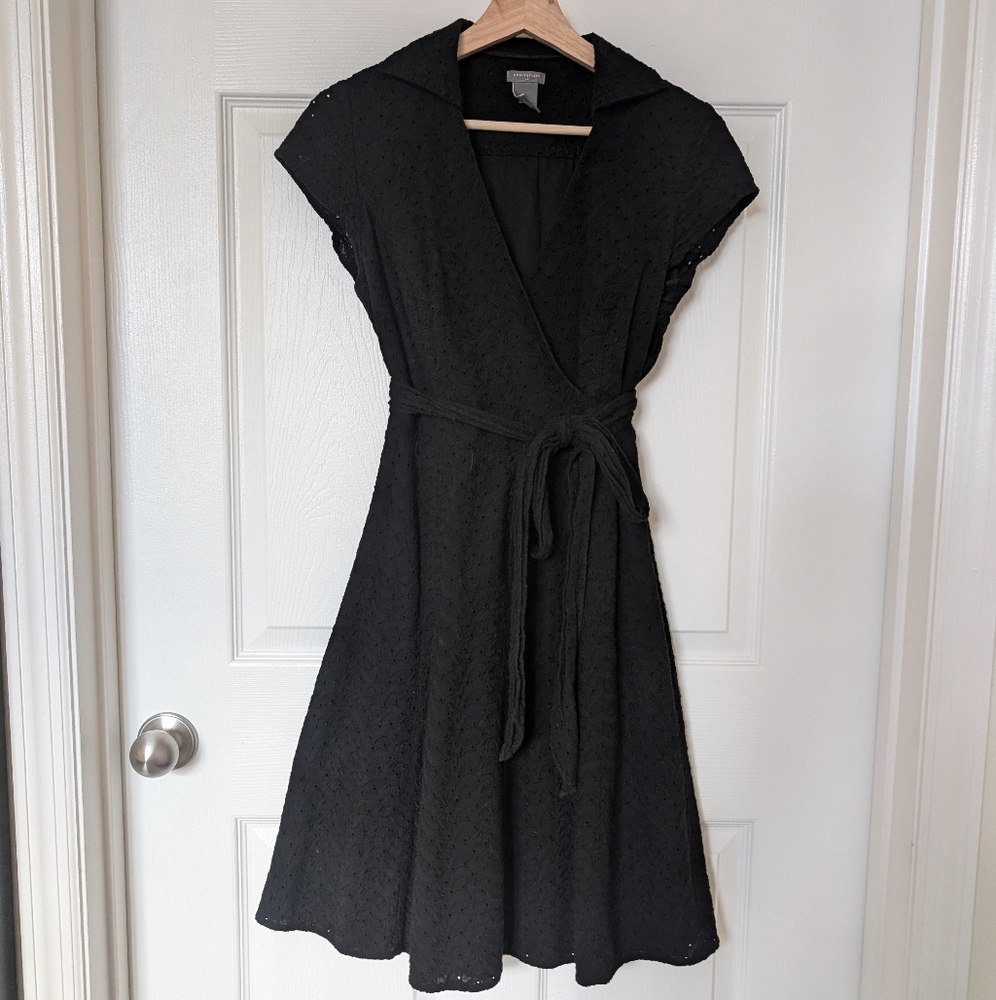 Size 2, Black Eyelet Pattern Faux Wrap Dress from Ann Taylor